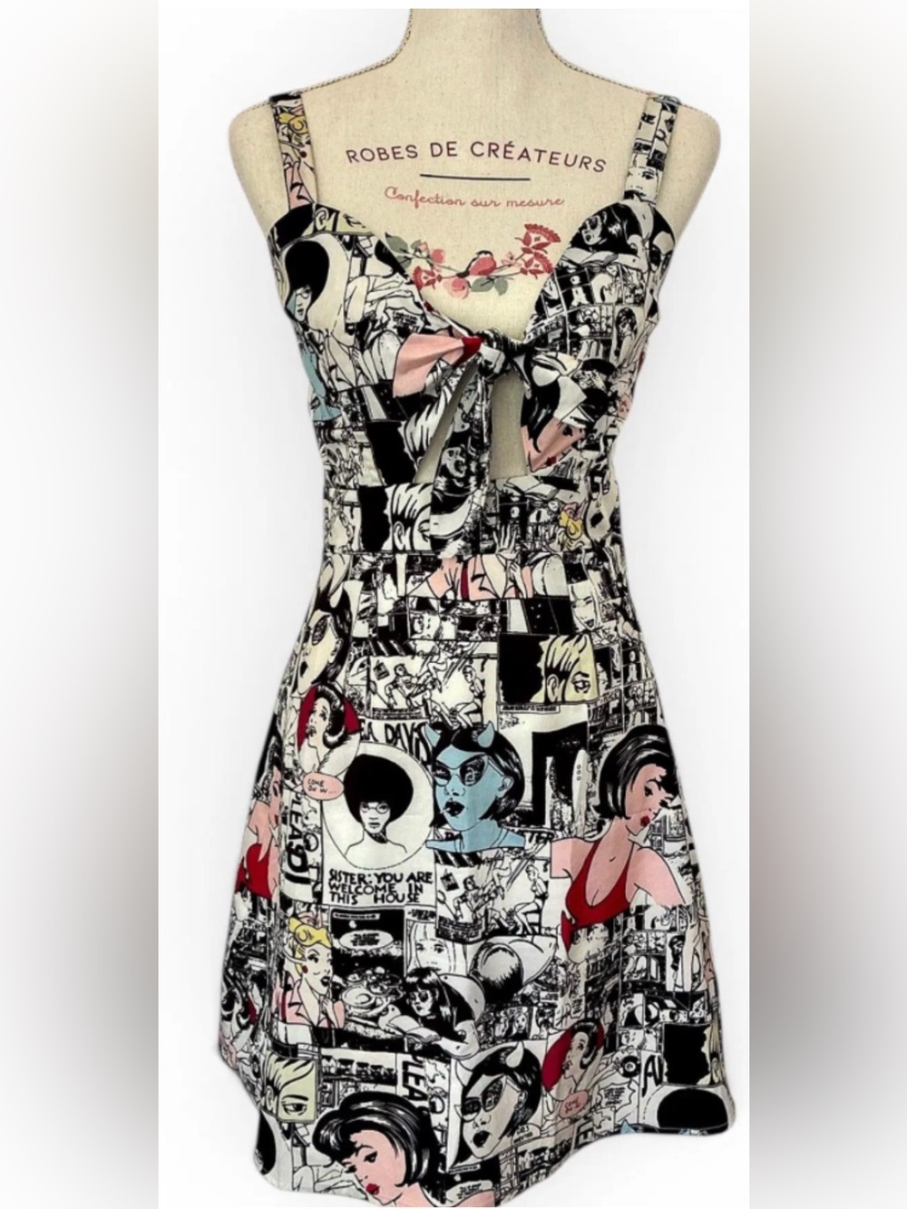Elli White Comic Print A-Line women’s Dress - White with Pink & Blue Accents